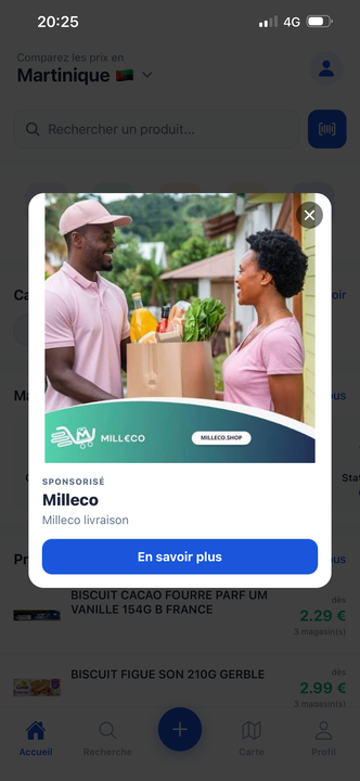 Écran de recherche de Prix Antilles